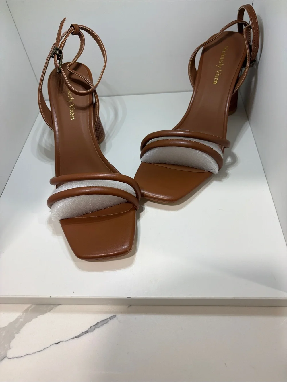 Minimal Brown Leather Ankle-Strap Block Heels